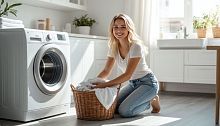 Молодая женщина на коленях рядом со стиральной машиной