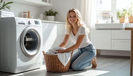 Молодая женщина на коленях рядом со стиральной машиной