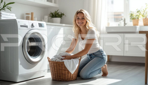 Молодая женщина на коленях рядом со стиральной машиной