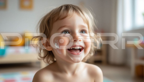 Смеющийся ребёнок в комнате. На щеке детский крем