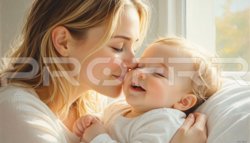 Мама нежно целует малыша в щёку