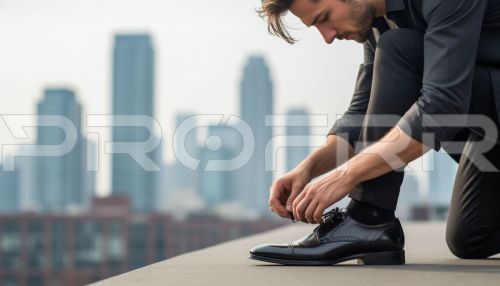Молодой человек наклонился к туфлям на фоне мегаполиса