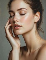 Красивая девушка нежно касается своей щеки с закрытыми глазами