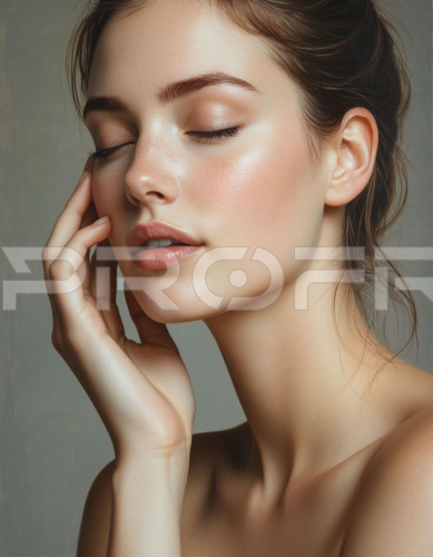 Красивая девушка нежно касается своей щеки с закрытыми глазами