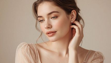 Молодая женщина в романтичном платье игриво касается мочки уха